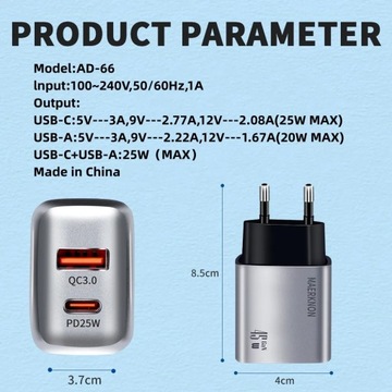 Зарядное устройство USB Type-C мощностью 45 Вт, быстрая зарядка, 2 порта USB PD, адаптер для мобильного телефона