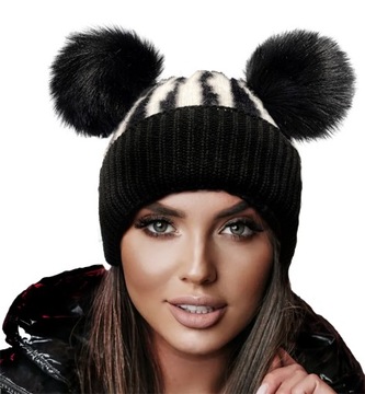 ZIMOWA CZAPKA WOOLK DWA POMPONY ZEBRA GAGA Czarna