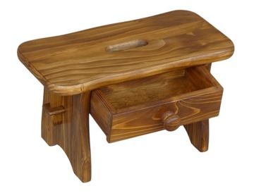 TABORECIK DREWNIANY TABORET MAŁY NISKI RYCZKA Z UCHWYTEM I SZUFLADKĄ DĄB