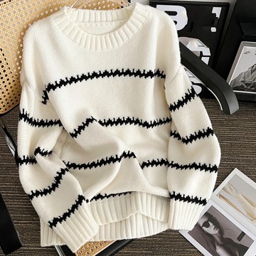Women Round Neck Stripe Sweater Thicken Warm Long