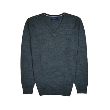 FRED PERRY Sweter Męski 100 % Wełna Merino V Neck Szary Logo r. M