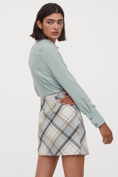 H&M spódnica mini ołówkowa beżowa w kratę wełniana melanż wzór print krata