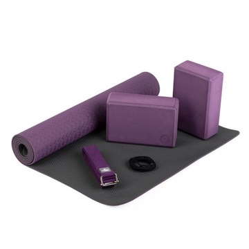 Zestaw do jogi purpura TPE mata+pasek+klocki+torba
