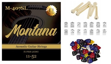 STRUNY DO GITARY AKUSTYCZNEJ Z ZAPASOWĄ STRUNĄ E1 MONTANA 11-52 + GRATISY