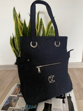 МОДНАЯ ЖЕНСКАЯ СУМКА-ШОППЕР А4 из нубука, ТЕМНО-СИНЯЯ