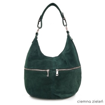 VERA PELLE torebka damska zamszowa worek z suwakami i paskiem C.ZIELONA
