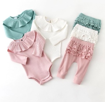 2 cz. komplet bawełniane body z długim rękawem legginsy z falbankami 86-92