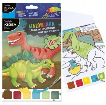 MALOWANKA KOLOROWANKA DINO Z FARBAMI I PĘDZELKIEM DINOZAURY 10ark. KIDEA