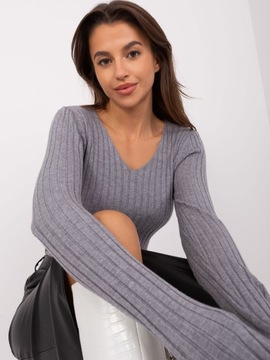 Milutki SWETER damski dekolt V-neck CIĄGLIWY prążkowany F25 szary S/M