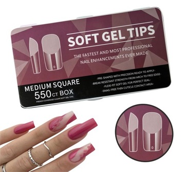 SOFT GEL TIPS CLEAR tipsy żelowe dual przezroczyste 550szt medium KWADRAT