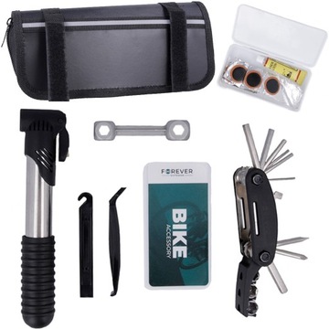 Zestaw naprawczy rowerowy w etui multitool łatki pompka łyżka do kół klucz