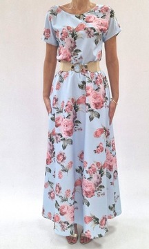 Maxi kobieca zwiewna elegancka koktajlowa Sukienka w KWIATY roz.48 (34-54)