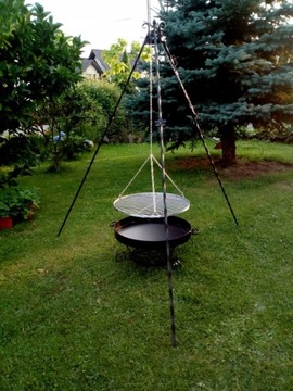 GRILL TRÓJNÓG OGRODOWY RUSZT INOX PALENISKO 80.KOCIOŁEK EMALIOWANY 8L