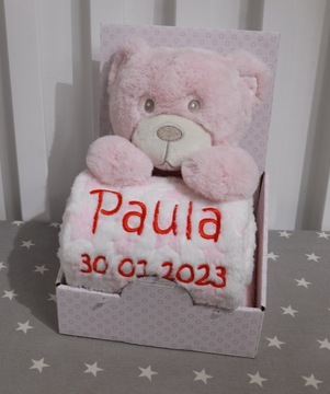 Zestaw MIŚ - Kocyk z imieniem i obrazkiem + różowa MASKOTKA baby shower