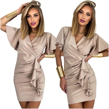 Sukienka elegancka MINI ozdobna falbana na wesele KOPERTOWY DEKOLT L/XL