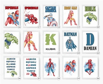 Zestaw 3 plakaty SUPERHERO imię dziecka, metryczka Różne wzory A3