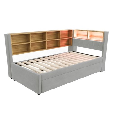 Sofa rozkładana 90x200, łóżko wysuwane Schowek na gniazdo LED Jasnoszary