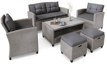 Duży zestaw meble ogrodowe 6-osobowe technorattan sofa fotele stolik puf