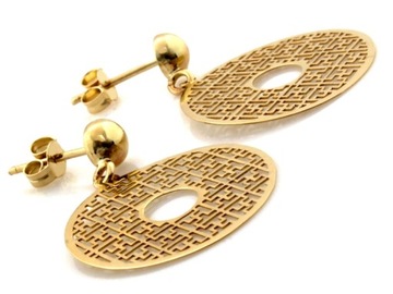 Kolczyki złote 585 wiszące okrągłe ażurowe blaszki na sztyft modny prezent