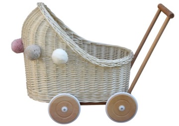 WÓZEK dla lalek wiklinowy BIAŁY z pomponami pchacz