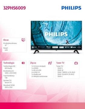 Светодиодный телевизор 32 дюйма PHILIPS 32PHS6009/12 Smart TV Wi-Fi DVB-T2
