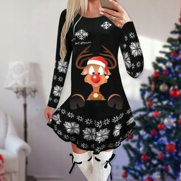 Sukienka świąteczna z reniferem śnieżynki kolory h