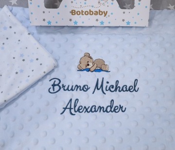 BotoBaby - Синий плед Minky с именем + картинкой + коробочка - ВЫШИВКА -