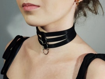 Czarny Choker PREMIUM Szeroki Naszyjnik z Kółkiem