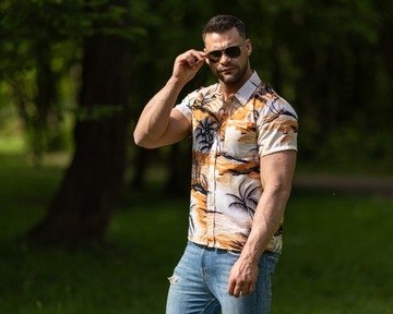 МУЖСКАЯ ГАВАЙСКАЯ РУБАШКА С ПАЛЬМОВЫМИ ЦВЕТАМИ BEACH SEA D1 ORANGE - XXL