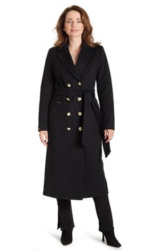 Elegancki długi płaszcz wełniany NA ZIMĘ Guziki Wiązanie Dwurzędowy 50
