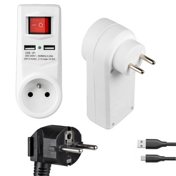 ROZGAŁĘŹNIK ELEKTRYCZNY GNIAZDO Z WŁĄCZNIKIEM 2x USB 2.1A ZŁODZIEJKA