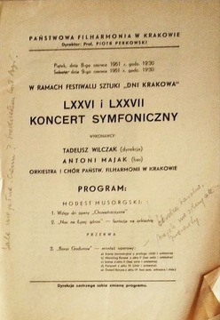 Program LXXVI i LXXVII Koncert Symfoniczny 1951 r. SPK