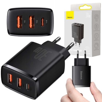 BASEUS SZYBKA ŁADOWARKA SIECIOWA UNIWERSALNA USB-C/2x USB MOCNA 30W PD QC