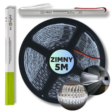 ZESTAW 5m Taśma pasek listwa LED SMD biały zimny z zasilaczem 12V