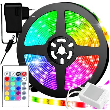 TAŚMA LED SMD 2835 WODOODPORNA KOLOROWA RGB 5M LEDY + PILOT ZASILACZ