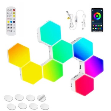 LAMPA PLASTER MIODU KINKIET HEXAGON RGB USB APLIKACJA 8szt + PILOT