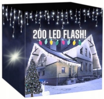 KURTYNA ŚWIETLNA SOPLE ZEWNĘTRZNE 200 LED LAMPKI FLASH BIAŁE ZIMNE
