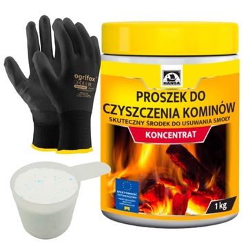 ŚRODEK PROSZEK DO CZYSZCZENIA KOMINA PIECA WYPALANIA SADZY HANSA 1kg ZESTAW