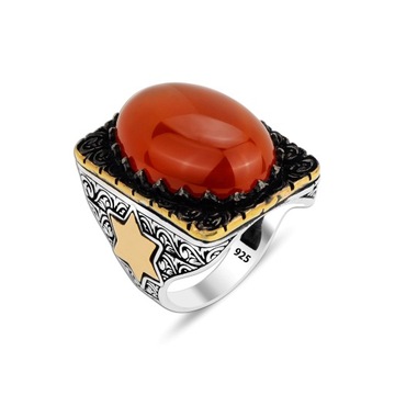 Impressive Natural Red Agate 925K Men's Ring - Turkish Handcrafted