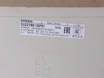 Łącznik wyłącznik główny Siemens 3LD2766-1GP51 3PH 100A 37kW NC/NO skrzynka