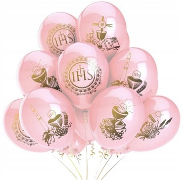 Balony komunijne różowe zestaw Złoty Kielich Ornament IHS Hostia 20szt