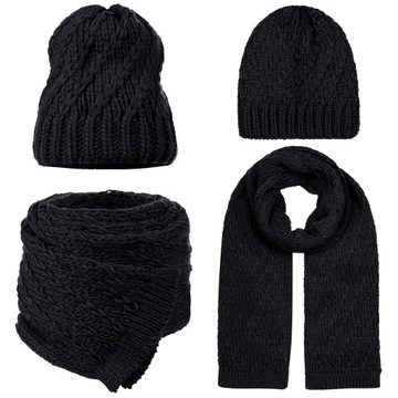 SZALIK SZAL CZAPKA BEANIE KOMPLET DAMSKI KOBIECY 10% WEŁNY CZARNY CZERŃ