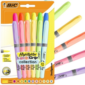 BIC HIGHLIGHTER GRIP ZAKREŚLACZE SZKOLNE ZESTAW 6x PASTELOWE + 6x NEONOWE