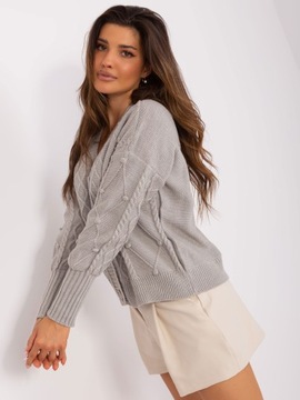 ROZPINANY sweter w warkocze z dekoltem V na guziki brązowy 8005 one size