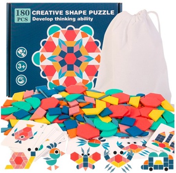 PUZZLE DREWNIANE KLOCKI MOZAIKA MONTESSORI KOLORY KSZTAŁTY UKŁADANKA WOREK