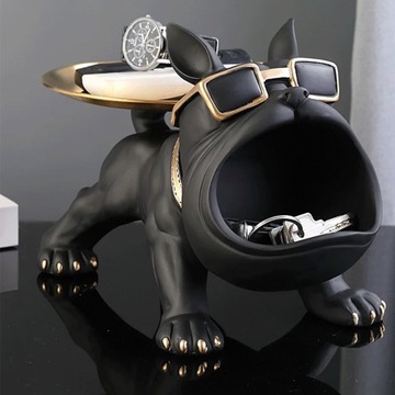 BULDOG FRANCUSKI RZEŹBA FIGURKA PSA STATUA SKARBONKA Z TACAMI ZŁOTE PREZENT