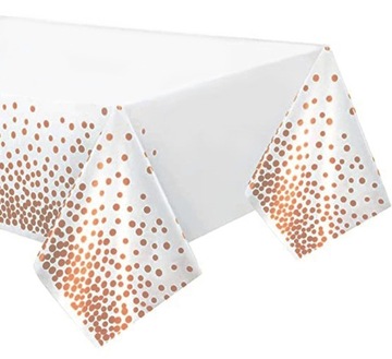 Obrus foliowy w kropki ROSE GOLD konfetti różowe złoto stół jednorazowy XXL