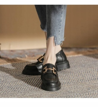 ЧЕРНЫЕ КОЖАНЫЕ МОКАСИНЫ ЖЕНСКИЕ, ТОЛСТАЯ ПОДОШВА