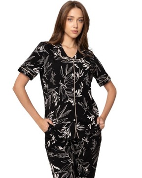 Piżama damska komplet koszulka spodnie czarna w liście 4XL