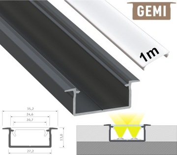 PROFIL LED NA 2 TAŚMY LED ALUMINIOWY WPUSZCZANY GEMI CZARNY 1M Z KLOSZEM